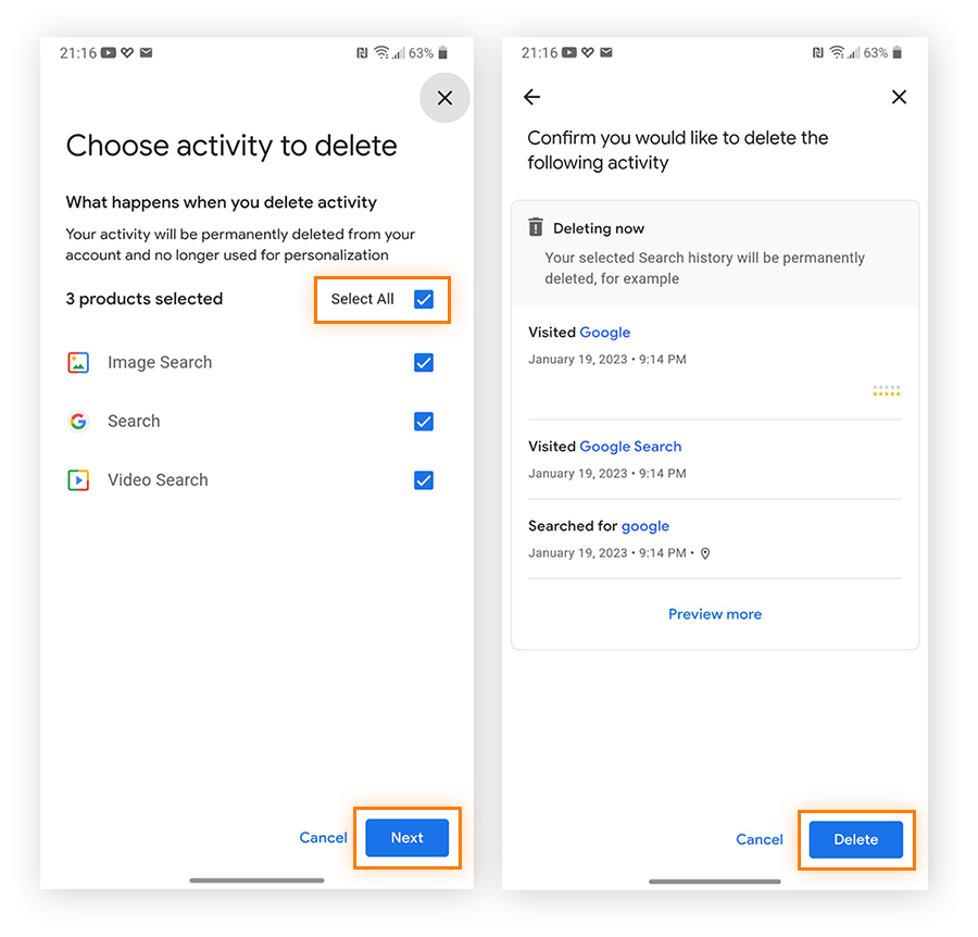 Auswahl und Bestätigung der zu löschenden Aktivitäten der Google-Such-App.