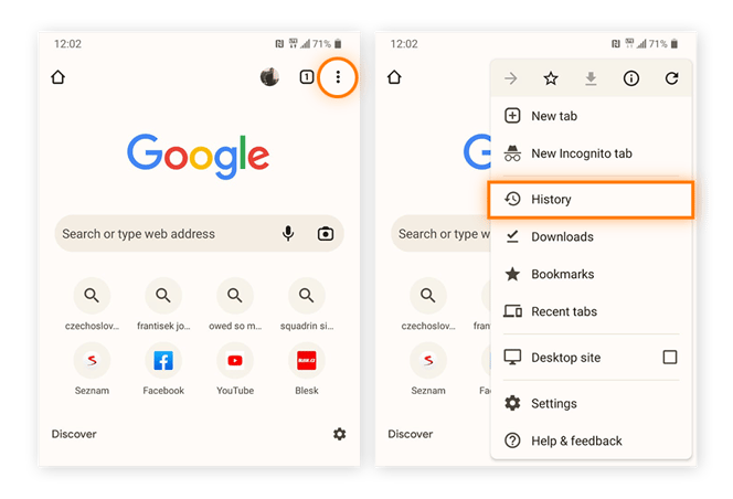 Opening the browser menu and navigating to history in Google Chrome for Android.