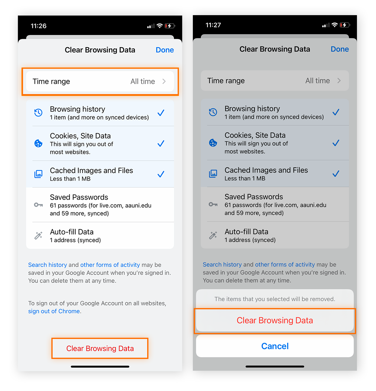 Deleting Google search history by clearing browsing history data in Chrome for iOS.