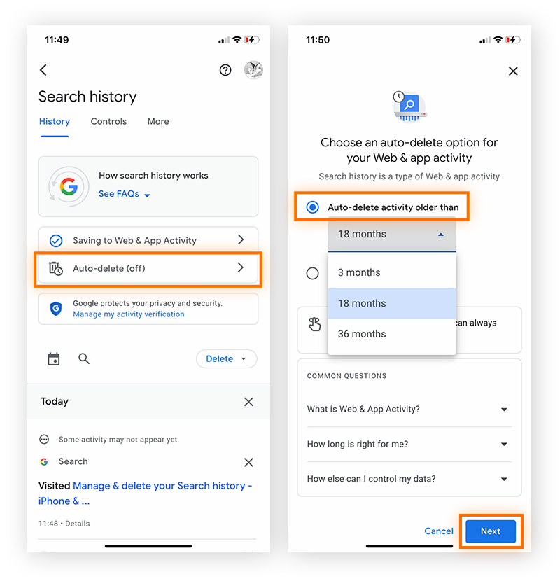 Selecting and confirming Google search app history auto-deletion.