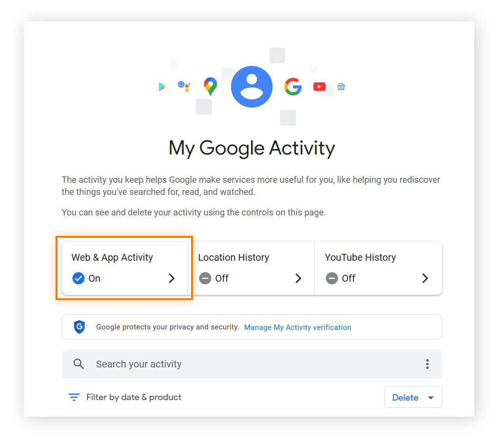 Cliquez sur Activité sur le web et les applications pour empêcher Google de suivre vos recherches et votre navigation en ligne.