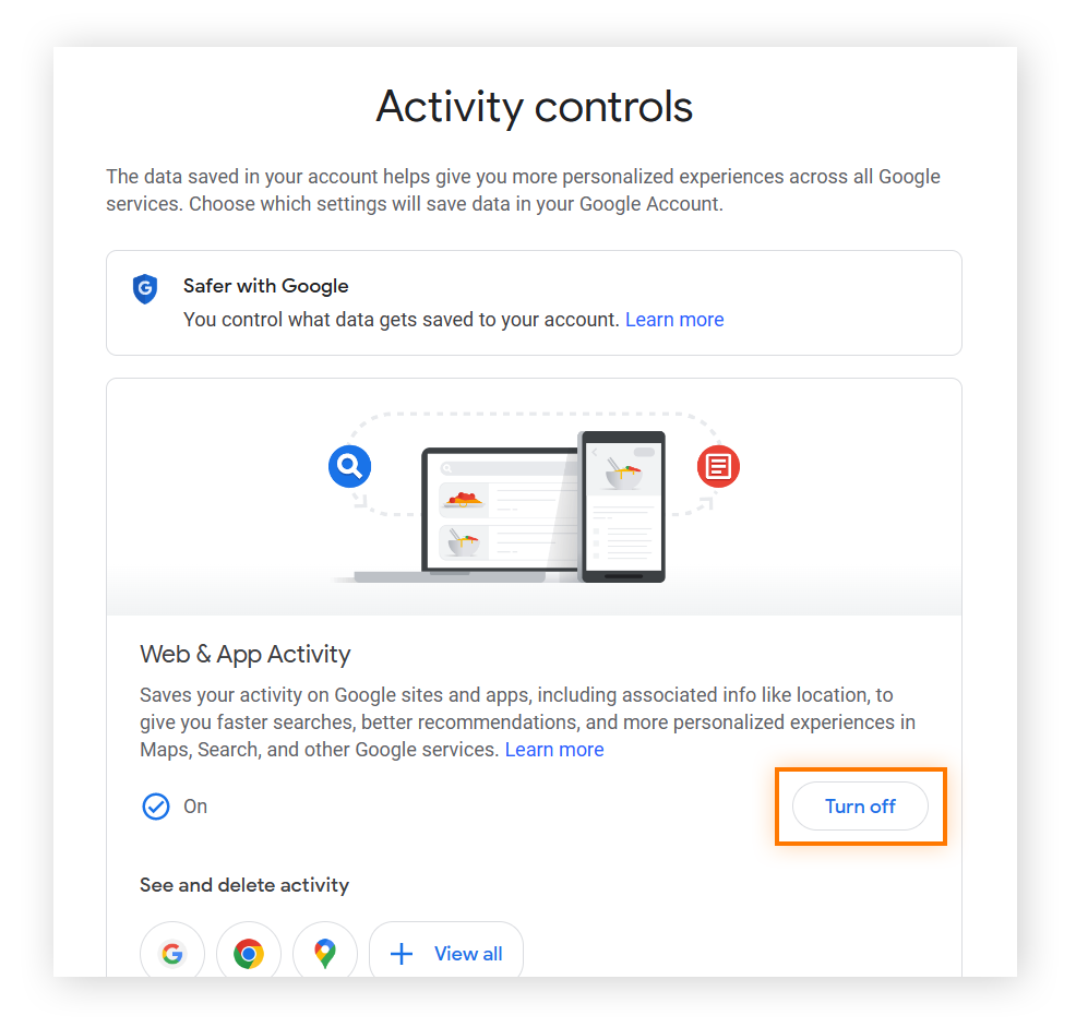 Turning off Web & App Activity to stop Google from tracking your searches and online browsing