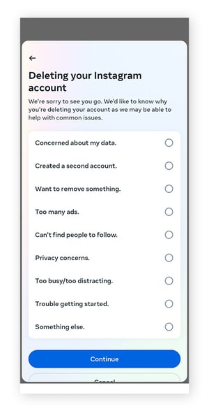 Captura de pantalla de la aplicación Instagram que muestra las posibles razones por las que el usuario quiere eliminar su cuenta