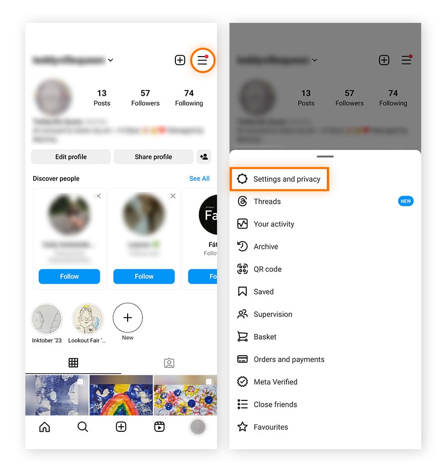 Menu do Perfil no aplicativo Instagram, com o botão Configurações e privacidade em destaque