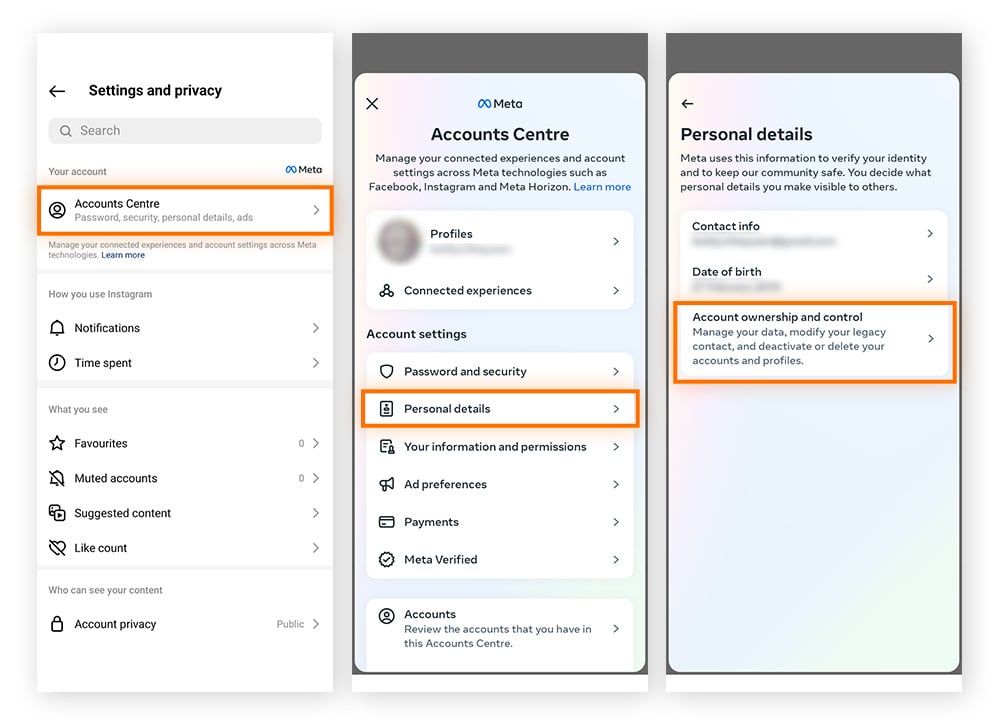 Capturas de tela do aplicativo Instagram mostrando o menu Configurações e privacidade, a Central de contas e as opções de Dados pessoais