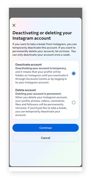 Le menu Désactivation ou suppression de l’application Instagram, dont l’option Désactiver le compte a été mise en évidence