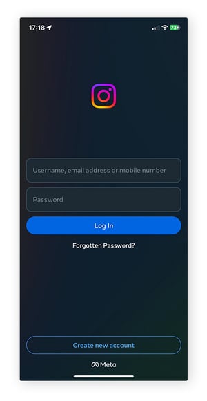 Der Anmeldebildschirm der Instagram-App