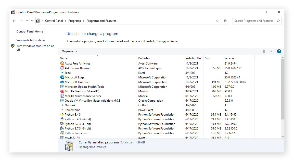Viewing installed programs in the Control Panel for Windows 10