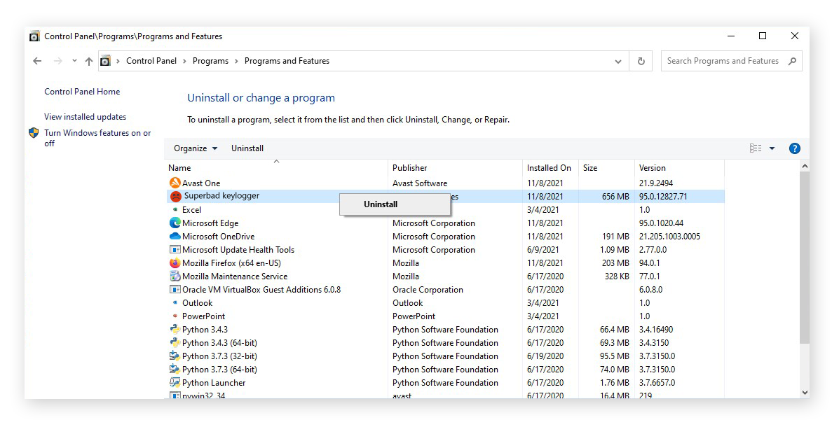 Uninstalling a program in the Control Panel of Windows 10