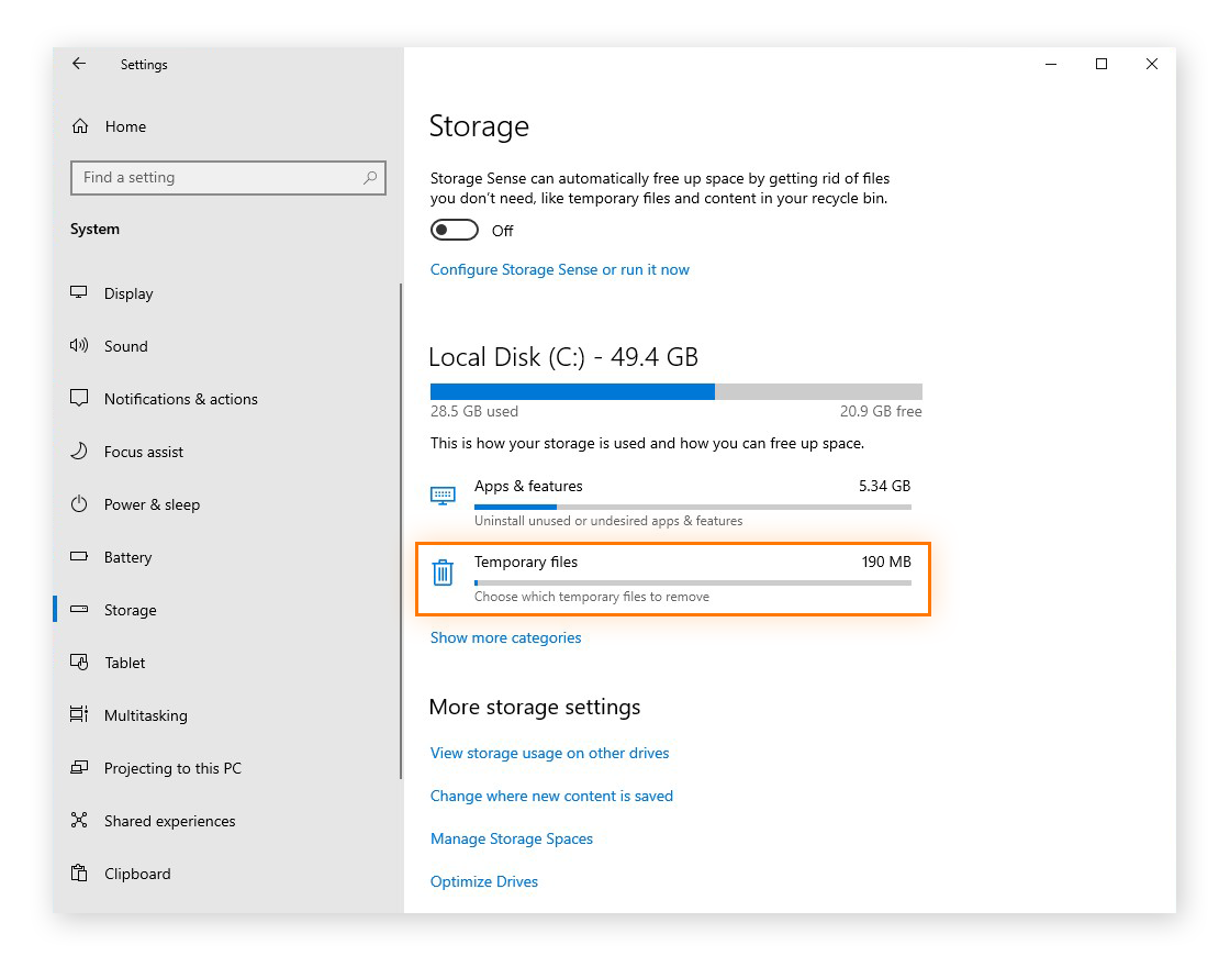Viewing temporary files via the Storage category of the Windows 10 Settings