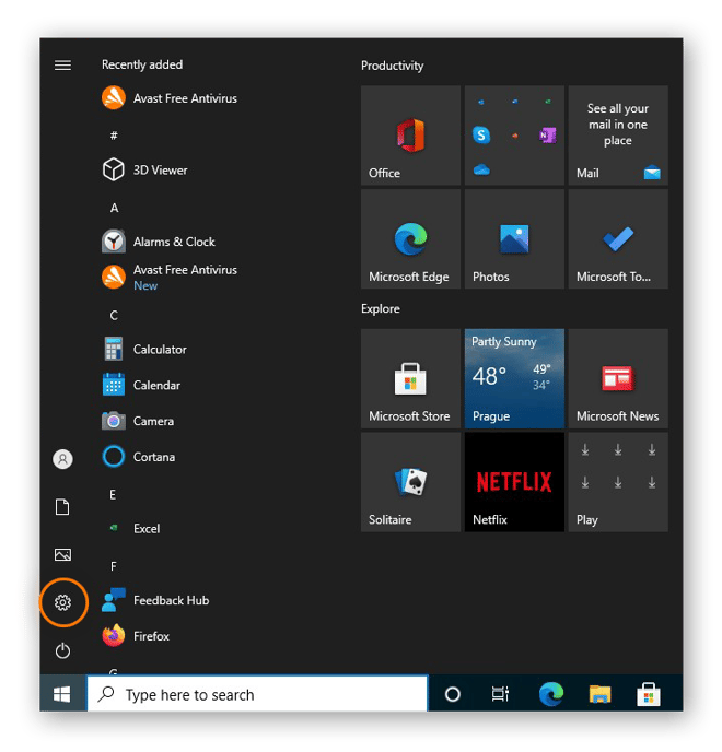 Abrindo as configurações no menu Iniciar no Windows 10