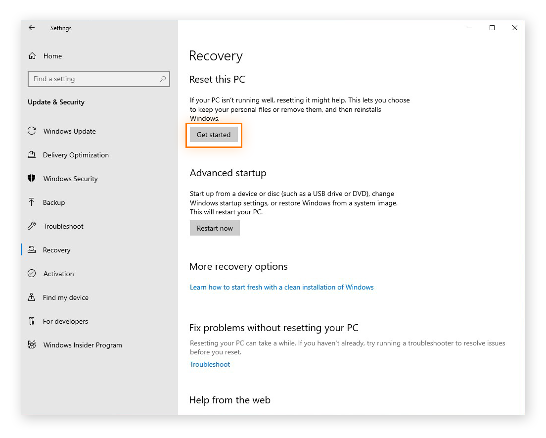 Sélection de la réinitialisation du PC dans les paramètres de Récupération de Windows 10