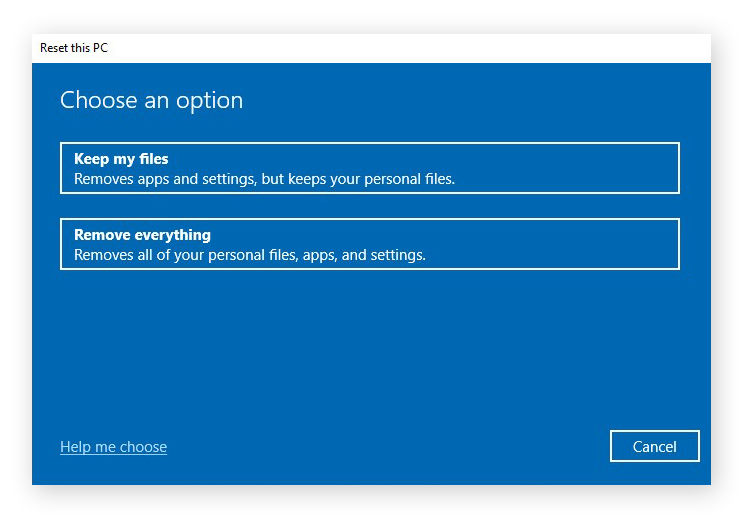 Resetting a Windows 10 by removing everything