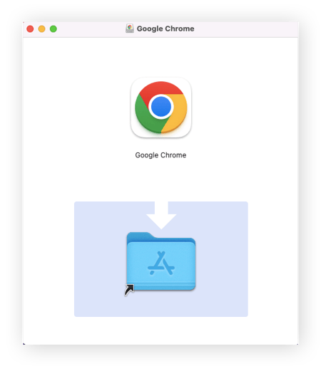 Das Google Chrome-Symbol mit einem Pfeil, der nach unten auf den Ordner „Programme“ zeigt.