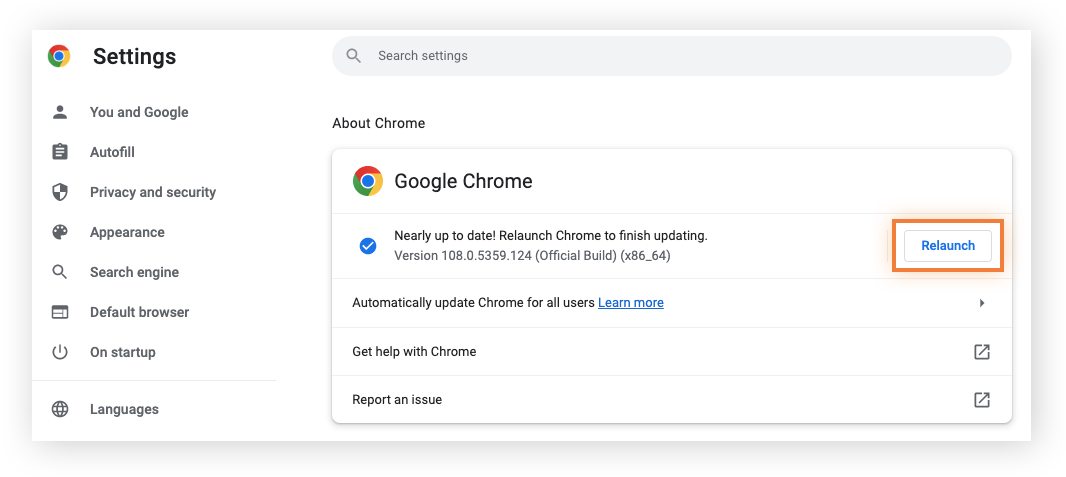 La page À propos de Chrome, où l’option Relancer s’affiche en surbrillance