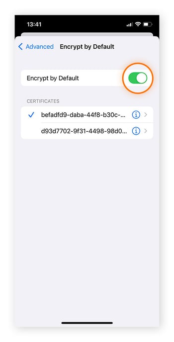 Toggling on "Encrypt by Default" in account settings on iOS.
