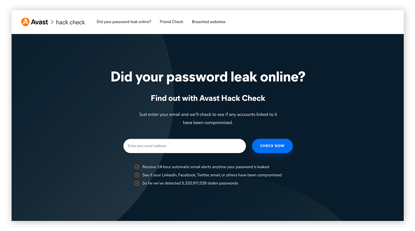 Mit Avast Hack Check können Sie überprüfen, ob eines Ihrer Online-Konten durch ein Datenleck kompromittiert wurde.