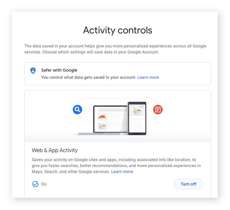 Desative o rastreamento “Atividade na Web e de apps” para que o Google deixe de salvar suas atividades online.
