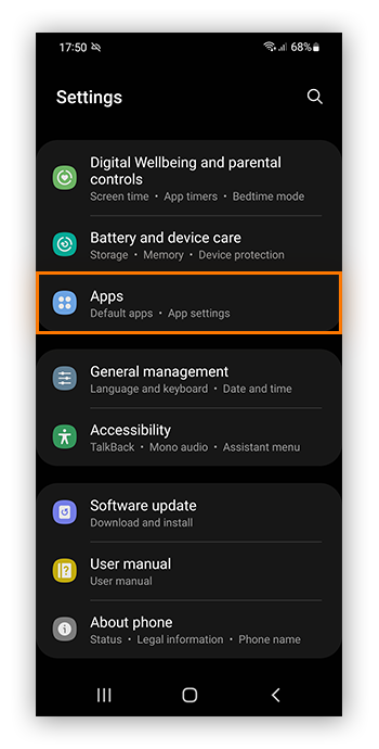 Ajustes de aplicaciones en un dispositivo Android.