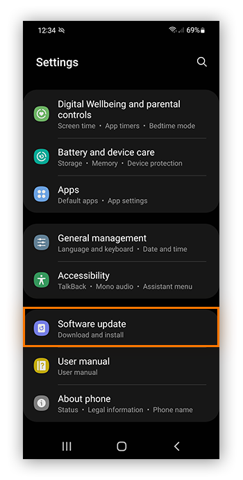 Configurações de atualização de software em um dispositivo Samsung.