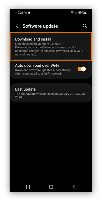 Download and install software updates from Settings on an Android device.