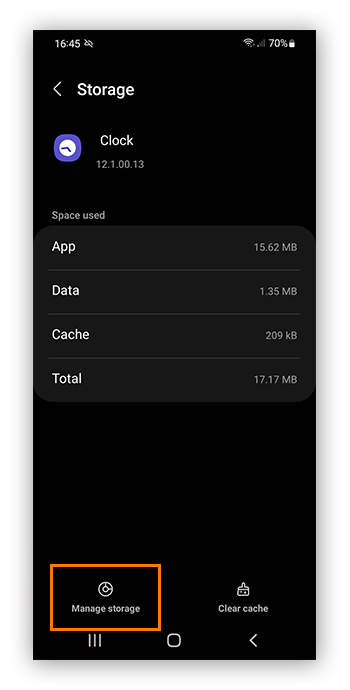 Tap manage storage in the app settings on a Samsung device to clear app data.