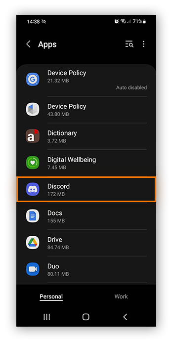 Select an app to see its permissions in Android settings.