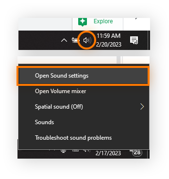 Abrindo as configurações de áudio no Windows 10.