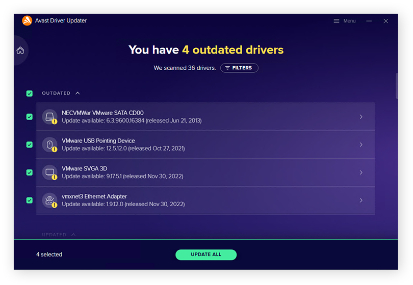 Updating outdated drivers on Windows 10 with Avast Driver Updater.