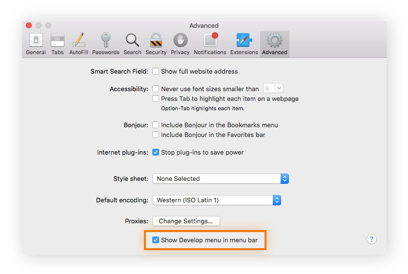 The Advanced preferences window, with the option "Show Develop menu in menu bar" highlighted.