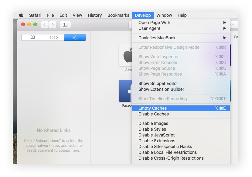 The Safari Developer menu options, with Empty Caches selected.