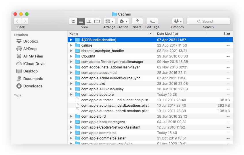 The Caches window on Mac, showing many folders and files