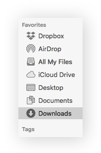 The left-hand sidebar of the Finder window, with Downloads selected.