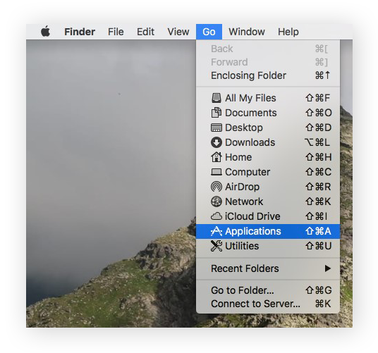 The Go dropdown menu in Finder, with "Applications" selected.