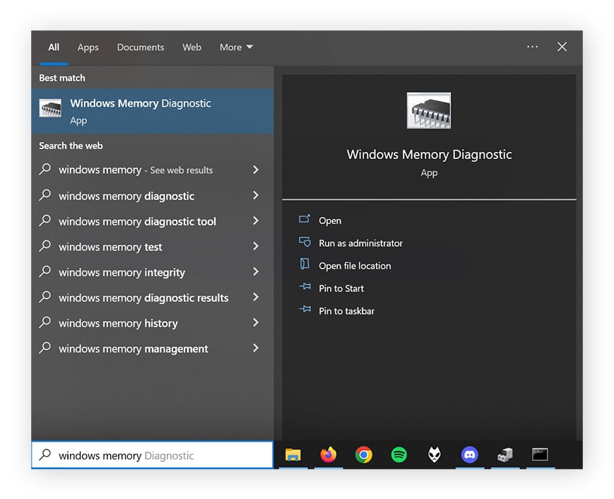 O menu Iniciar do Windows está aberto e a opção "Diagnóstico de memória do Windows foi digitada.
