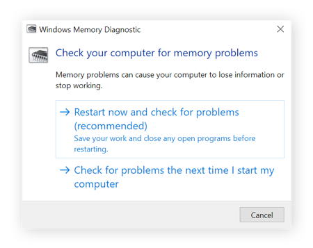 La fenêtre Diagnostics de la mémoire Windows est affichée et l’option Redémarrer maintenant et rechercher les problèmes est mise en surbrillance.