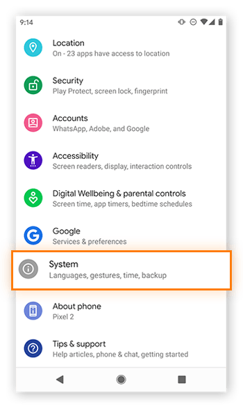 Opening System in Android settings.