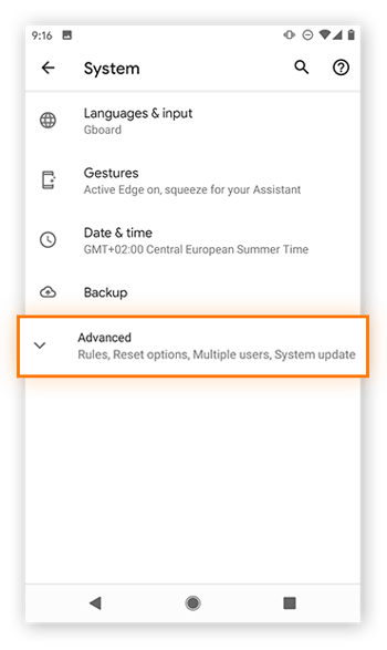 Opening Advanced System settings in Android.