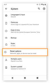 Selecting Reset options in Advanced Android System settings.
