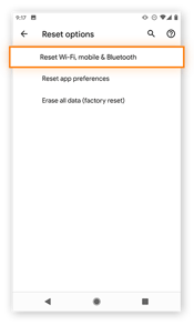 Selecting Reset Wi-Fi, mobile & Bluetooth under Reset options in Android Advanced System settings.