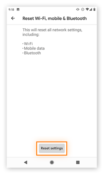 Auswahl von „Einstellungen zurücksetzen“ für „WLAN, mobile Daten & Bluetooth zurücksetzen“ unter „Optionen zum Zurücksetzen“ in den erweiterten Android-Einstellungen.