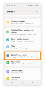Opening General management in Android settings