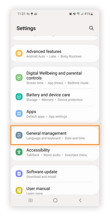 Opening General management in Android settings