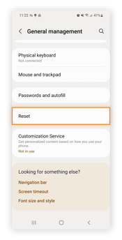 Choosing the Reset option in Android General Management settings.