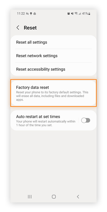 Selecting Factory data reset under Reset in Android General management settings