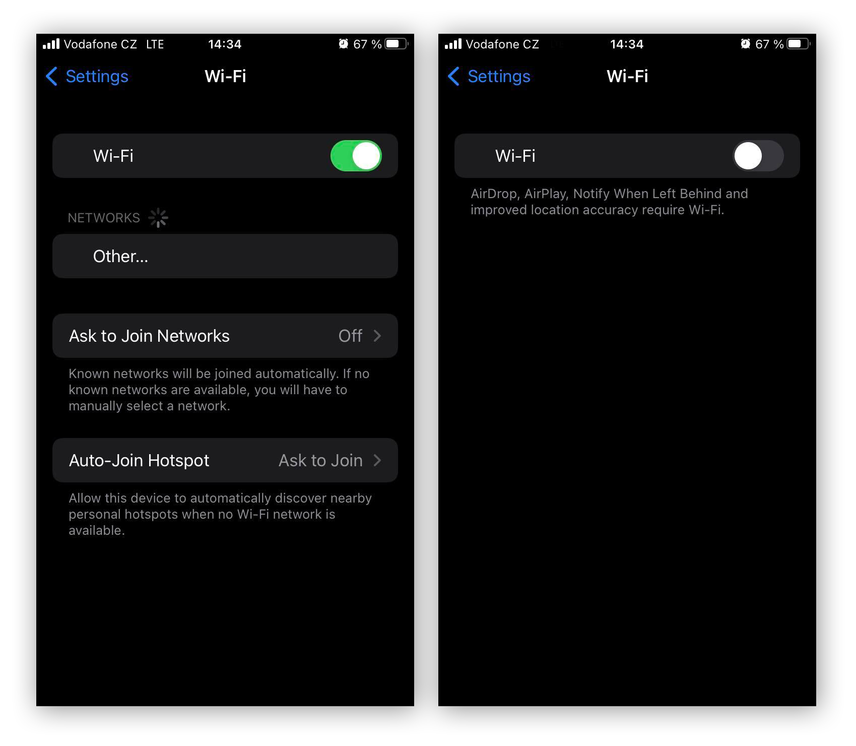 iPhone Wi-Fi switch toggled On and Off to show Wi-Fi connection.