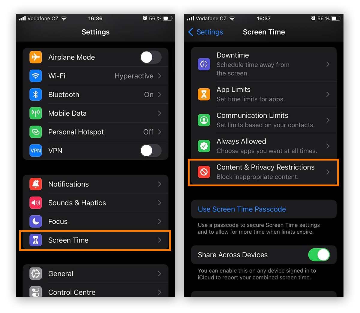 Die iPhone-Einstellungen für die Bildschirmzeit zeigen, wo Sie die Beschränkungen für Inhalte und Datenschutz auswählen können.