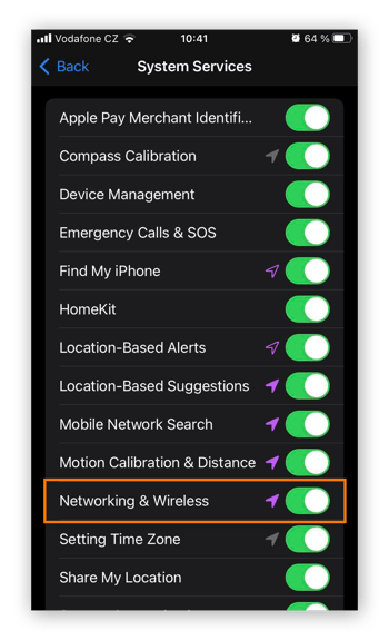 Toggle switch to turn Networking & Wireless location services off or on.