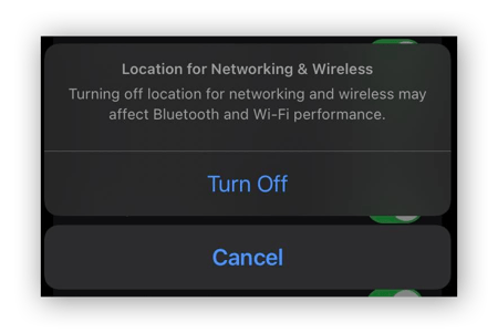 Alerta para confirmar la desactivación de la localización para Redes y conexiones inalámbricas en iOS.