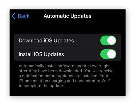 Screen showing how to turn automatic iOS updates off or on.